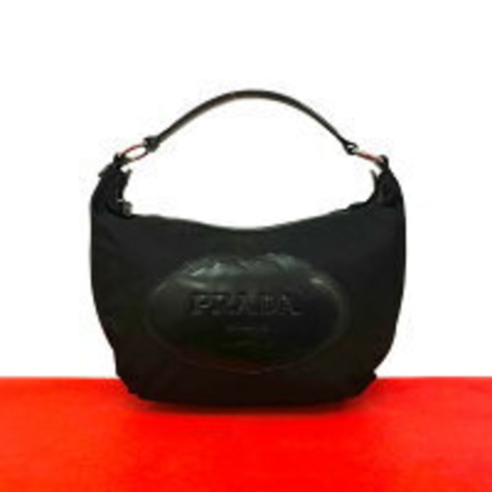PRADA Logo Leather One Shoulder Hobo Bag Tote Handbag Black
